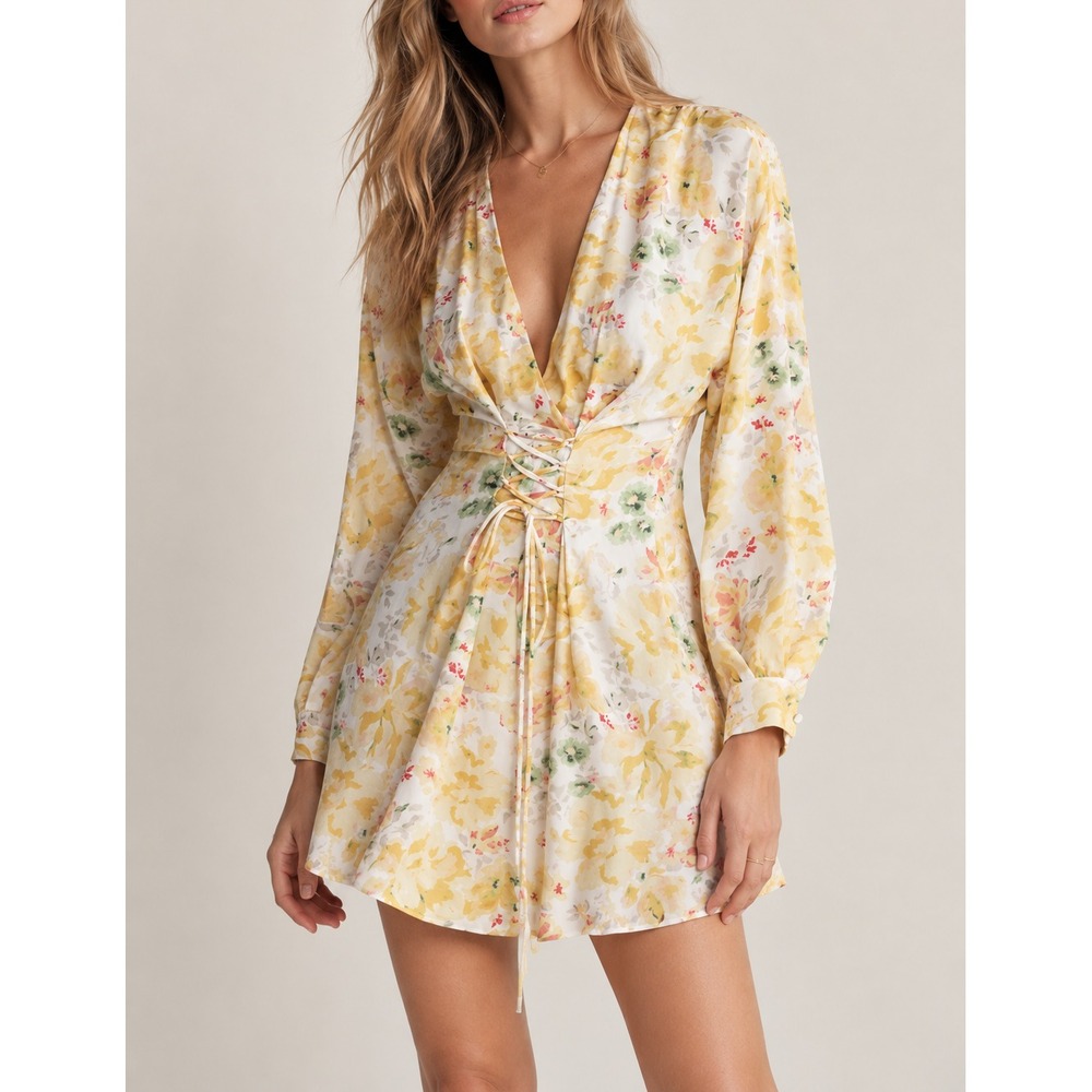 Zara Corset Yellow Floral Dress Women's S Long Sleeve Coquette Fairy Euro Summer